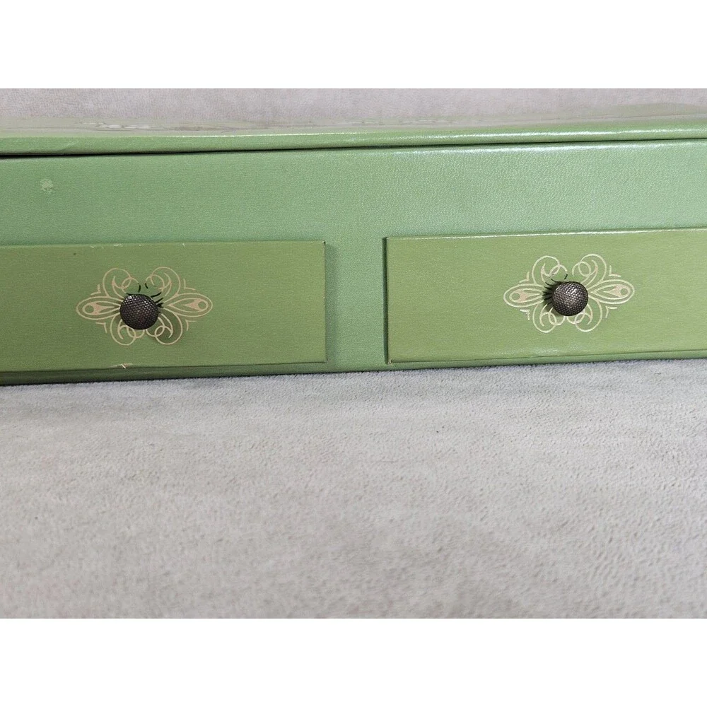 Vintage Cardboard/Leather-like Jewelry Box Green w/Tree 1960's Trinket 2 Drawers
